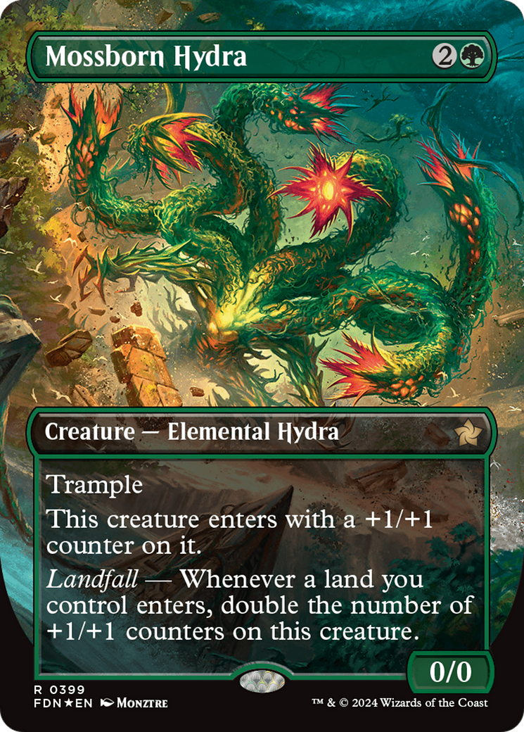 Mossborn Hydra (Borderless) (Mana Foil) [Foundations] | Chromatic Games