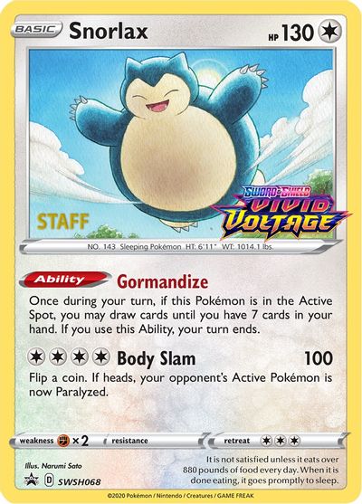 Snorlax (SWSH068) (Staff Prerelease Promo) [Sword & Shield: Black Star Promos] | Chromatic Games