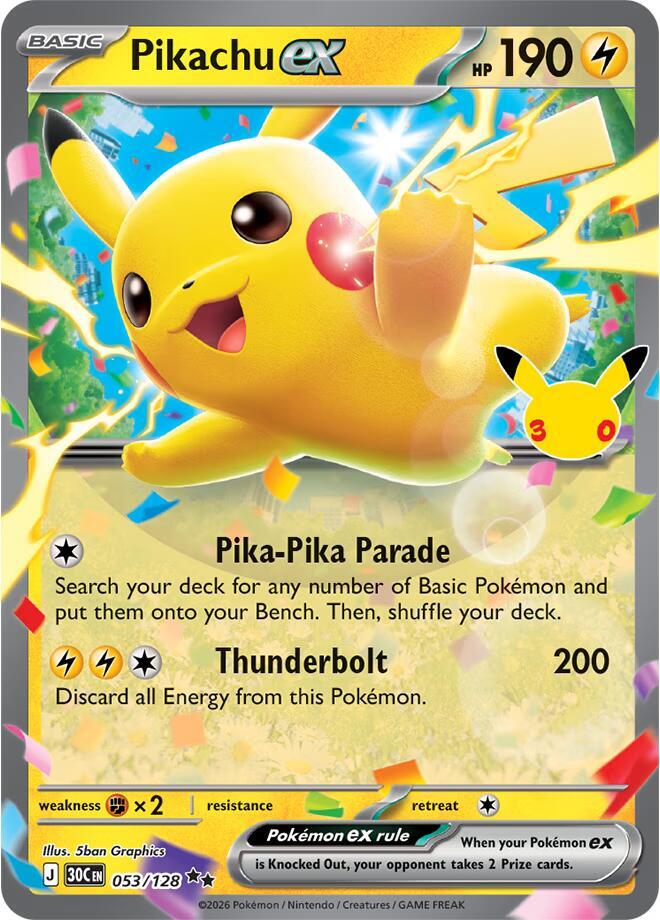 Pikachu ex 053/128 (ME: 30th Celebration)  - Holofoil | Chromatic Games