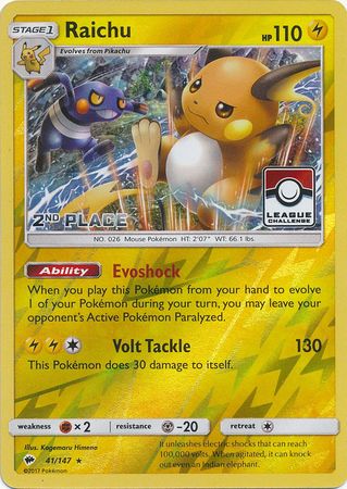 Raichu (41/147) (League Promo 2nd Place) [Sun & Moon: Burning Shadows] | Chromatic Games
