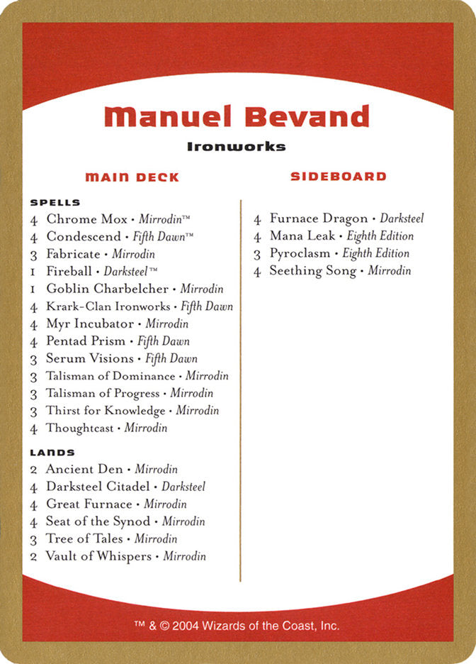 Manuel Bevand Decklist [World Championship Decks 2004] | Chromatic Games