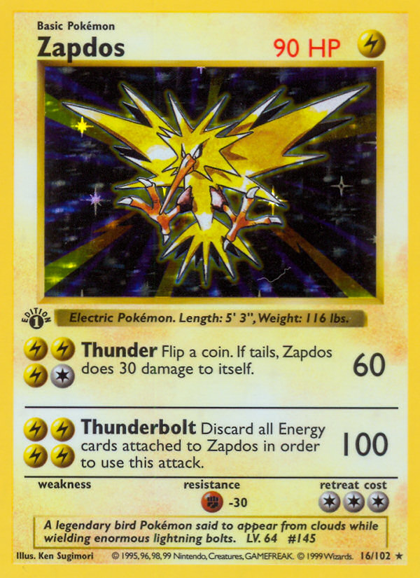 Zapdos (16/102) (Shadowless) [Base Set 1st Edition] | Chromatic Games