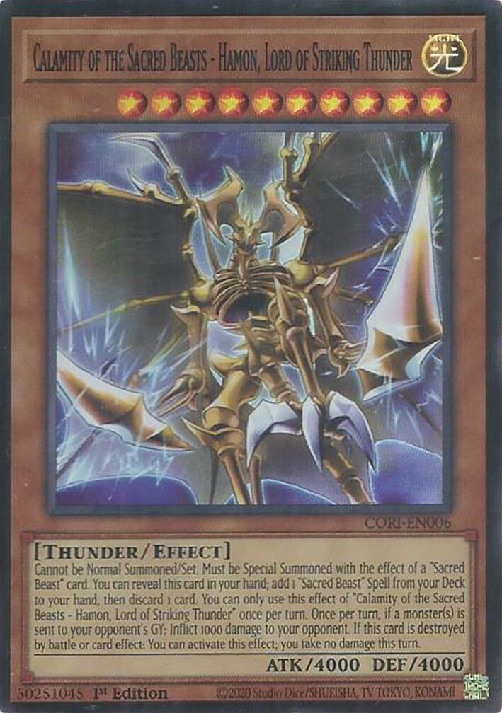 Calamity of the Sacred Beasts - Hamon, Lord of Striking Thunder [CORI-EN006] Super Rare | Chromatic Games