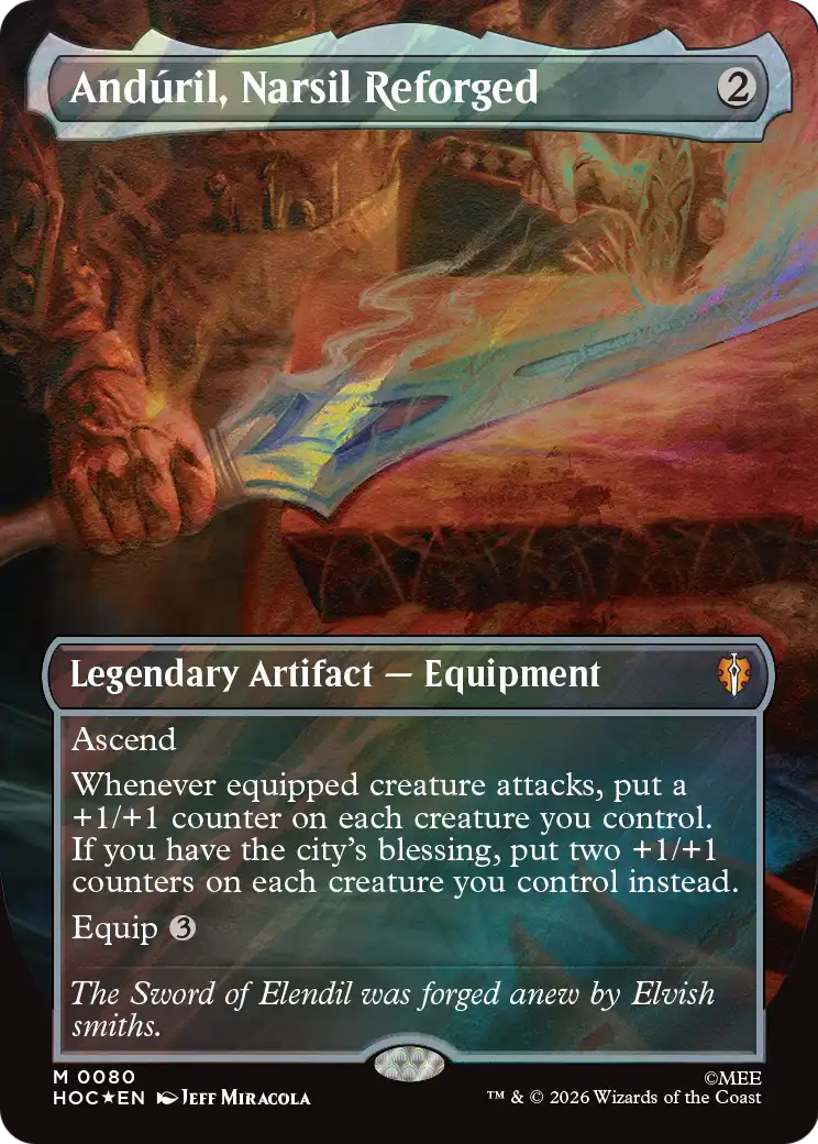 Anduril, Narsil Reforged (Borderless) (Surge Foil) [The Hobbit: Eternal-Legal] | Chromatic Games