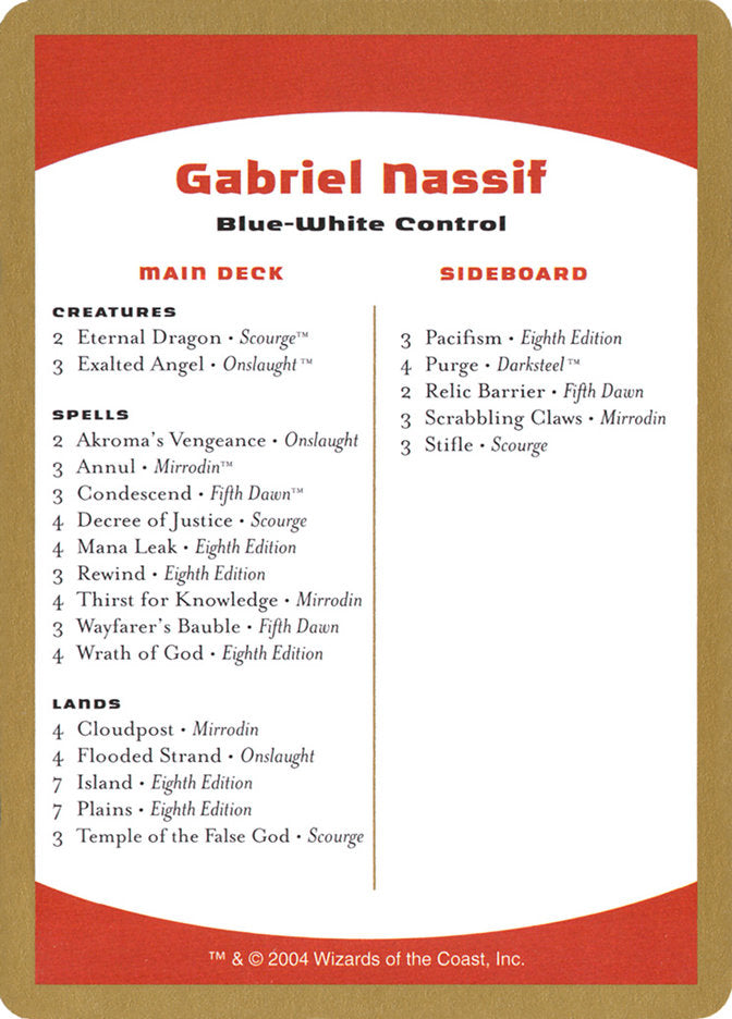 Gabriel Nassif Decklist [World Championship Decks 2004] | Chromatic Games