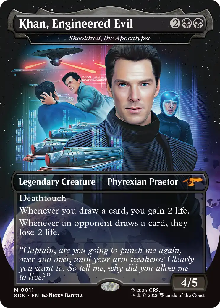 Khan, Engineered Evil - Sheoldred, the Apocalypse (Borderless) [Star Trek: Stardates] | Chromatic Games