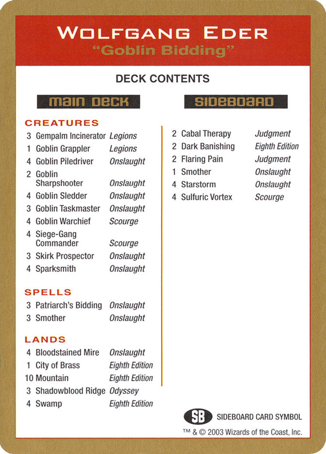 Wolfgang Eder Decklist [World Championship Decks 2003] | Chromatic Games