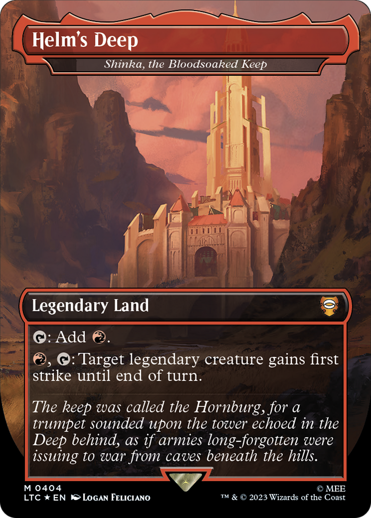 Helm's Deep - Shinka, the Bloodsoaked Keep (Borderless) (Surge Foil Realms and Relics) [The Lord of the Rings: Tales of Middle-Earth Commander] | Chromatic Games