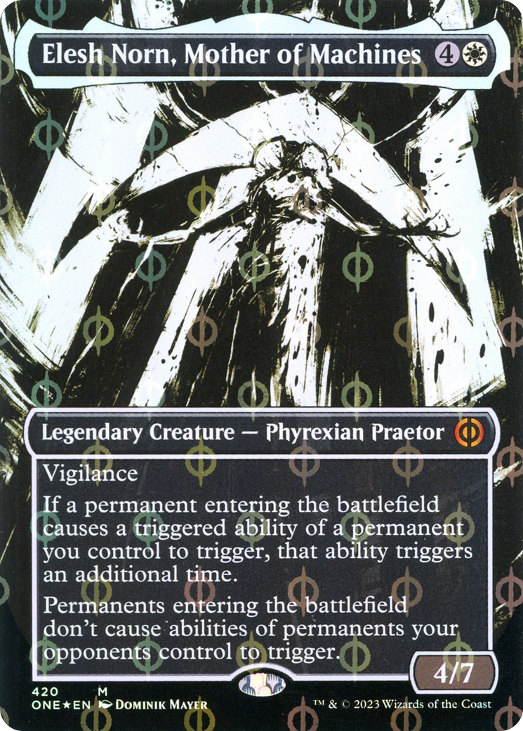 Elesh Norn, Mother of Machines (Borderless Ichor Step-and-Compleat Foil) [Phyrexia: All Will Be One] | Chromatic Games