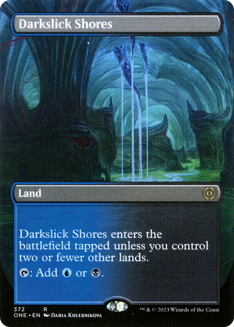 Darkslick Shores (Borderless Alternate Art) [Phyrexia: All Will Be One] | Chromatic Games