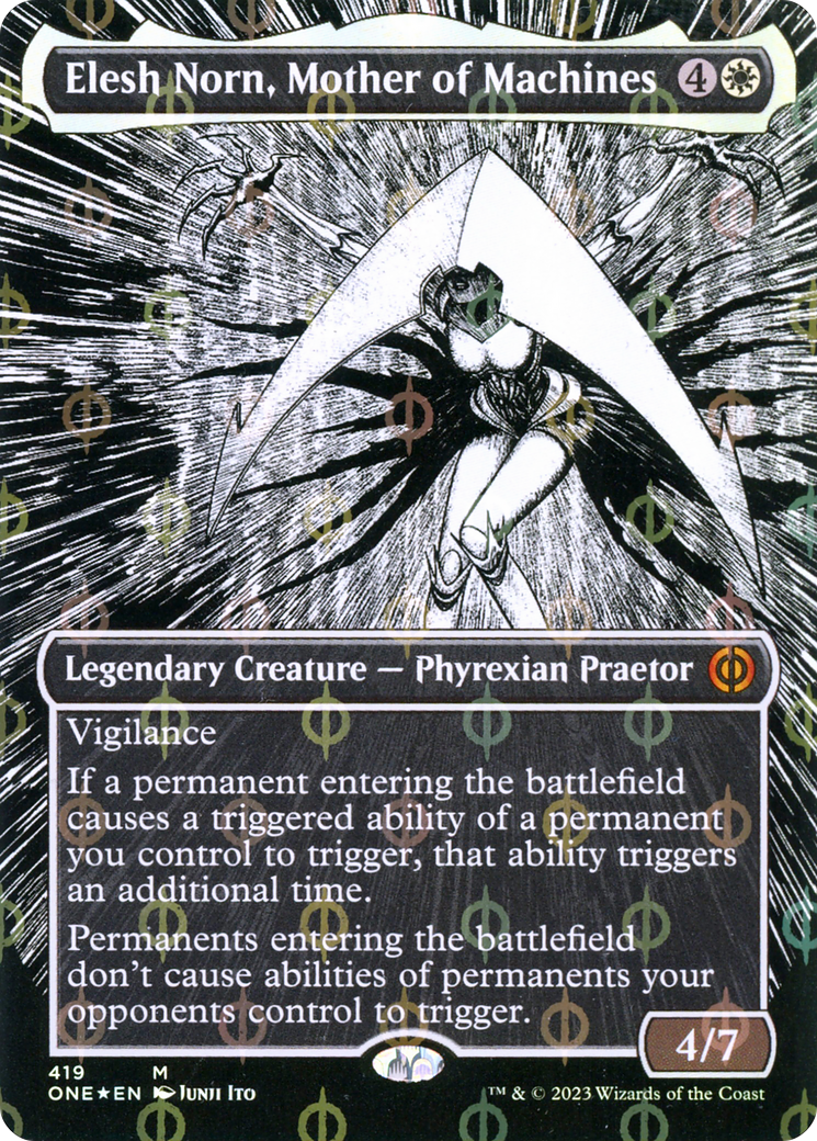 Elesh Norn, Mother of Machines (Borderless Manga Step-and-Compleat Foil) [Phyrexia: All Will Be One] | Chromatic Games