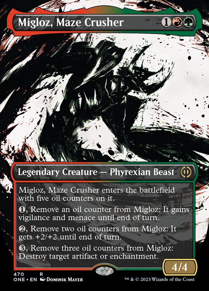 Migloz, Maze Crusher (Borderless Ichor Step-and-Compleat Foil) [Phyrexia: All Will Be One] | Chromatic Games